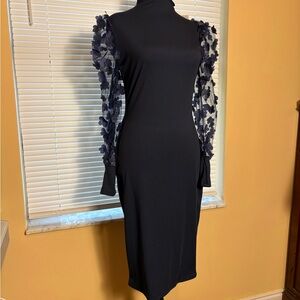 Elegant Blue Dress with Floral Sleeves